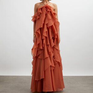 Aje Pandorea Layered Floral Ruffle Coral Clay Maxi Dress